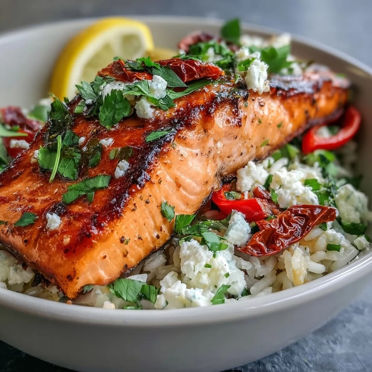 A Mediterranean Salmon Bowl features crisp salmon, fresh cilantro, and bright lemon wedges, ready to serve for dinner.