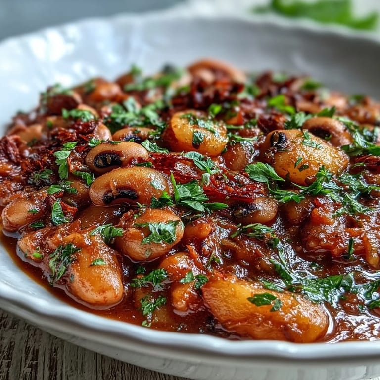 Close-up of a chef's spoon lifting vibrant Black-Eyed Pea Stew, revealing colorful vegetables and a fragrant, tomato-based broth.
