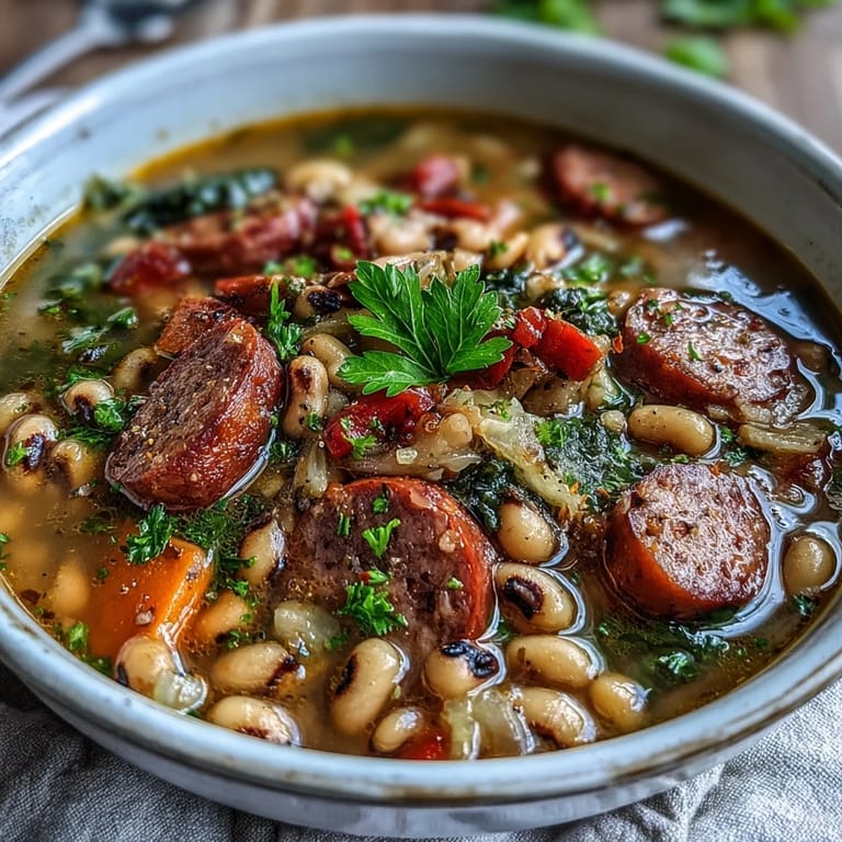 Rustic Black-Eyed Peas and Sausage Soup simmering with Italian sausage and vegetables in a pot.