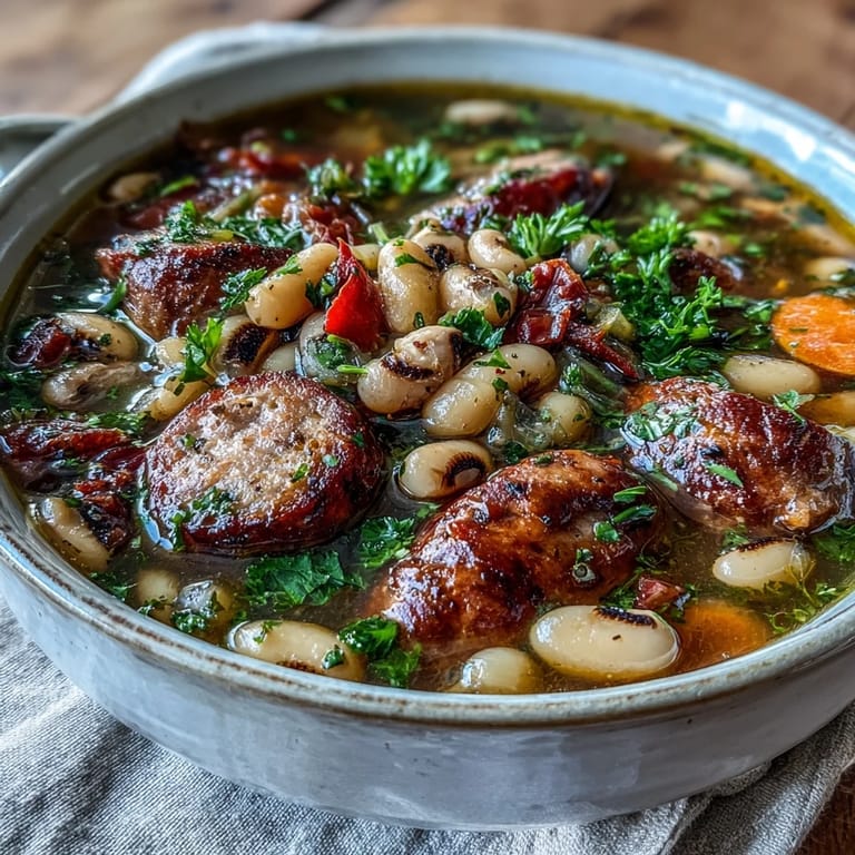 Close-up of Black-Eyed Peas and Sausage Soup in a rustic bowl, ready to serve.