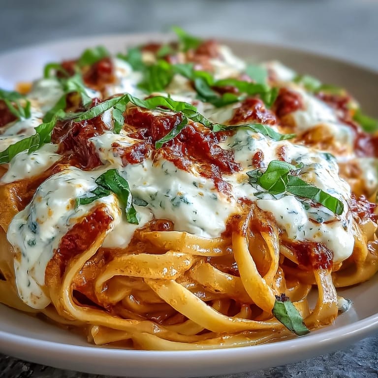 Spoon-ready Creamy Red Pepper Pasta with Burrata & Herbs steams beside a glass of crisp white wine on a rustic wooden table.