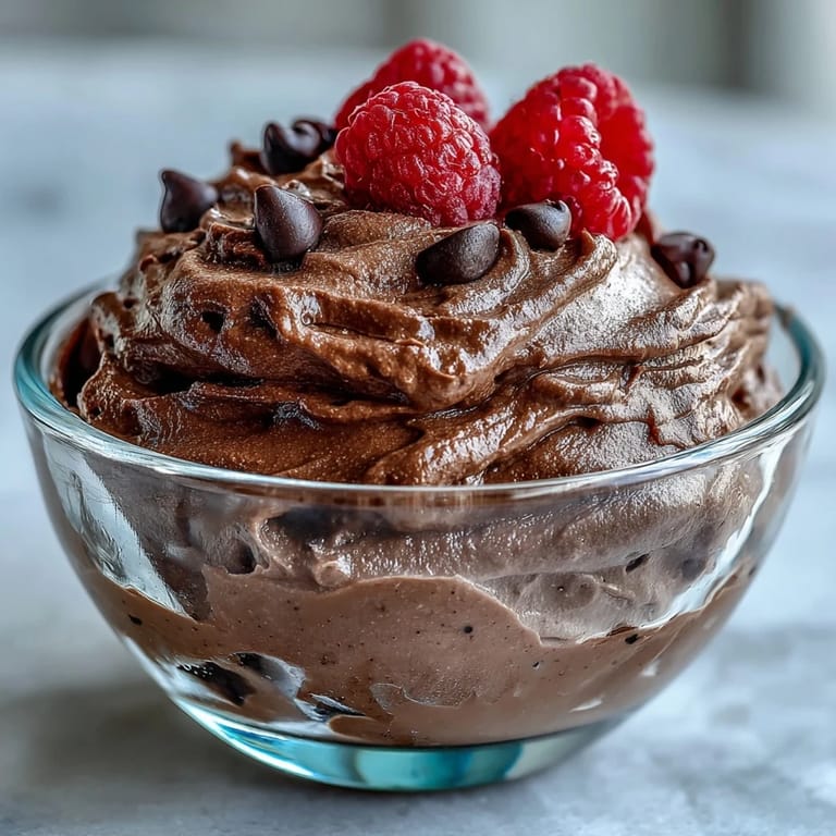 Healthy chocolate protein fluff served in a clear bowl with a spoon, a quick low-calorie dessert or post-workout treat.
