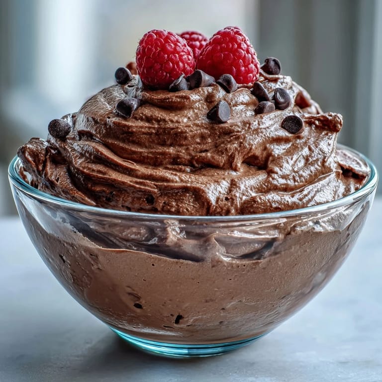 Rich and fluffy chocolate protein fluff garnished with fresh berries, a high-protein snack for a healthy American-style dessert.