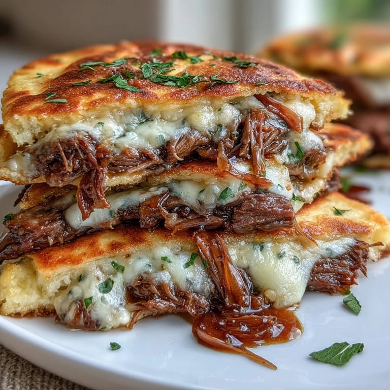 Close-up view of a Slow Cooker Beef & Garlic Naan Melt, showcasing juicy shredded beef and gooey cheese piled onto toasted flatbread, perfect for a cozy dinner.
