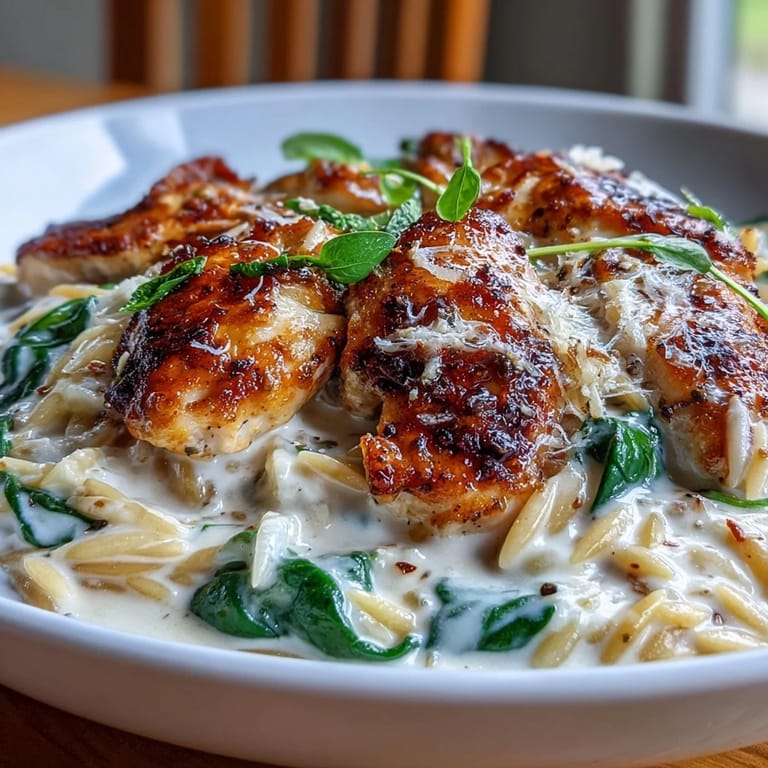 One-Pot Creamy Garlic Parmesan Chicken Orzo plated with a sprinkle of parsley beside a green salad for a cozy weeknight dinner.