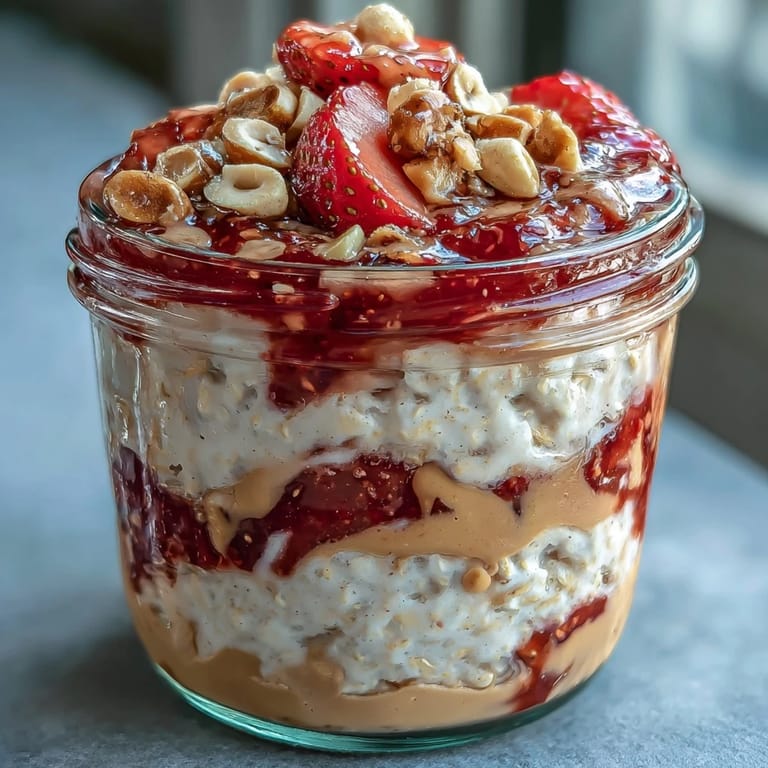 A glass jar of High-Protein Peanut Butter & Jelly Overnight Oats topped with fresh strawberry slices and a peanut butter drizzle.