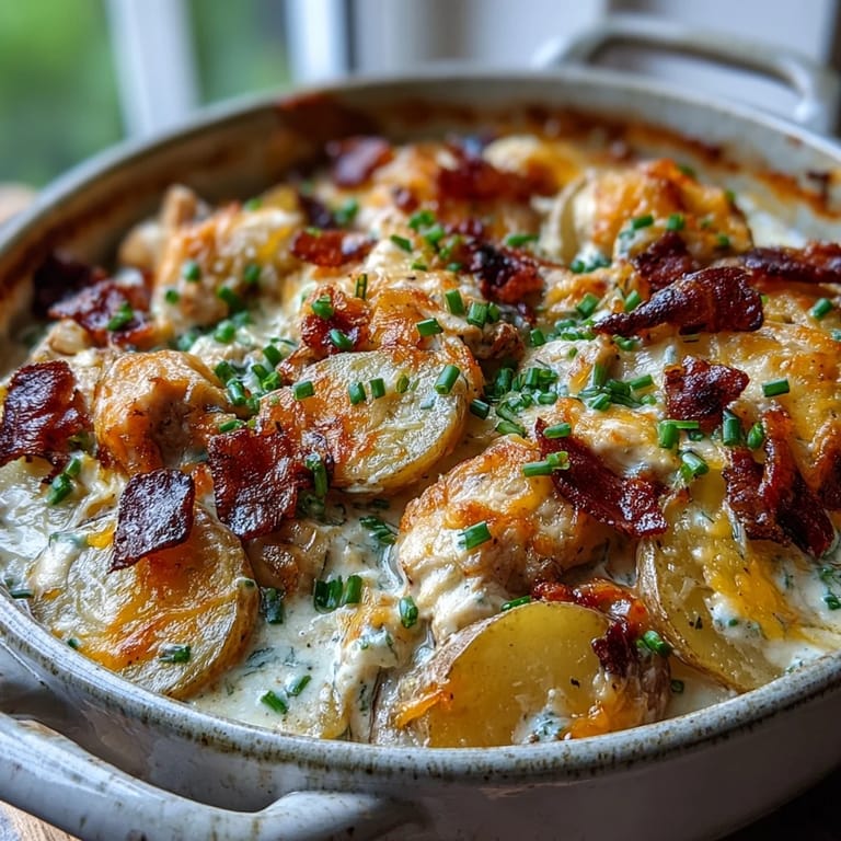 A rustic casserole dish of Creamy Ranch Chicken Potato Bake topped with fresh chives, served alongside a crisp green salad.