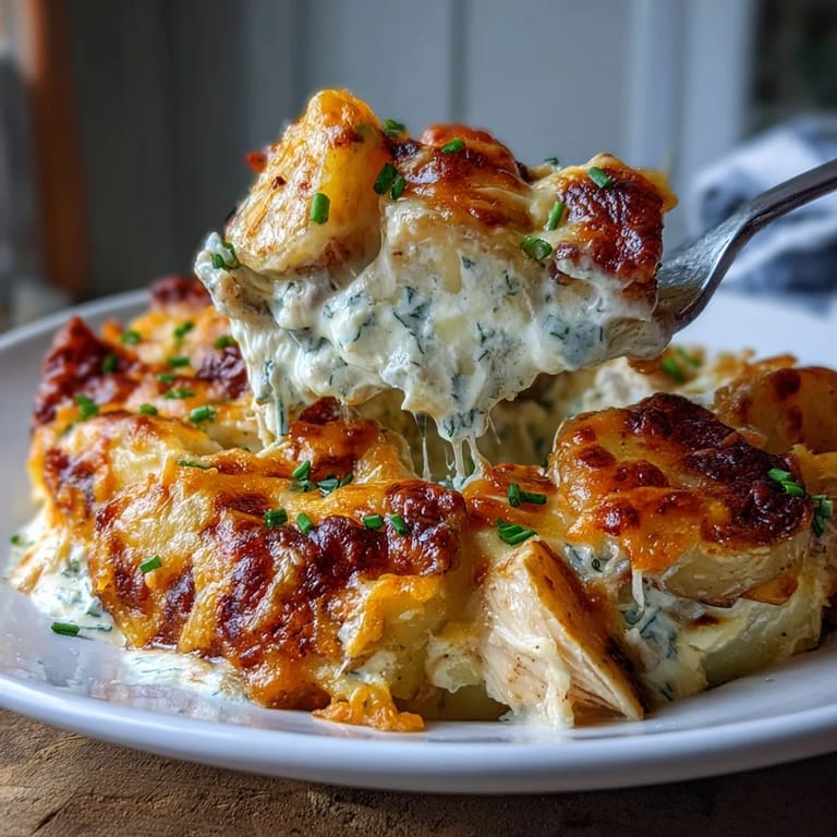 Layers of tender potatoes and chicken in ranch-seasoned cream sauce, garnished with fresh chives.