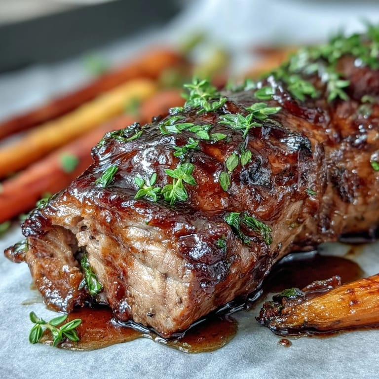 Golden One-Pan Honey Balsamic Pork Tenderloin with Rainbow Carrots served family-style on a rustic wooden board.