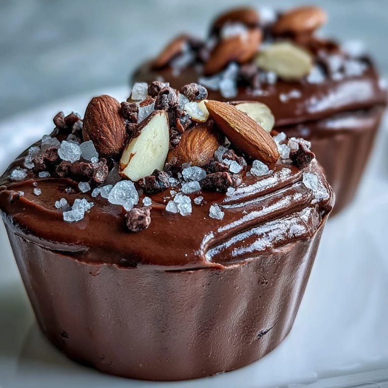 A close-up of creamy Vegan Chocolate Avocado Mousse in ramekins, finished with a sprinkle of flaky sea salt.