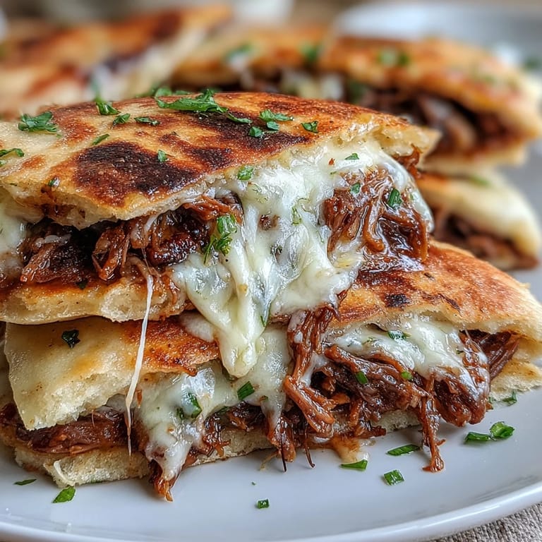 Warm, garlicky naan stuffed with melt-in-your-mouth slow-cooked beef, melted mozzarella and provolone, paired with rich French dip-style jus.  