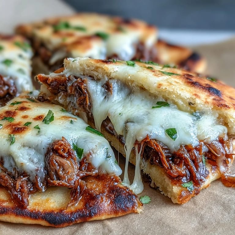 Comforting beef pot roast nestled in toasted garlic naan, topped with melted cheese and served alongside a flavorful au jus for dipping.