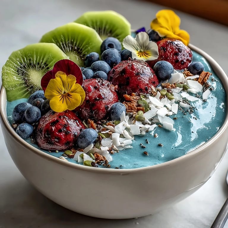 A nutrient-packed smoothie bowl with blue spirulina, tropical fruits, and edible flowers for a whimsical, slimming breakfast.  