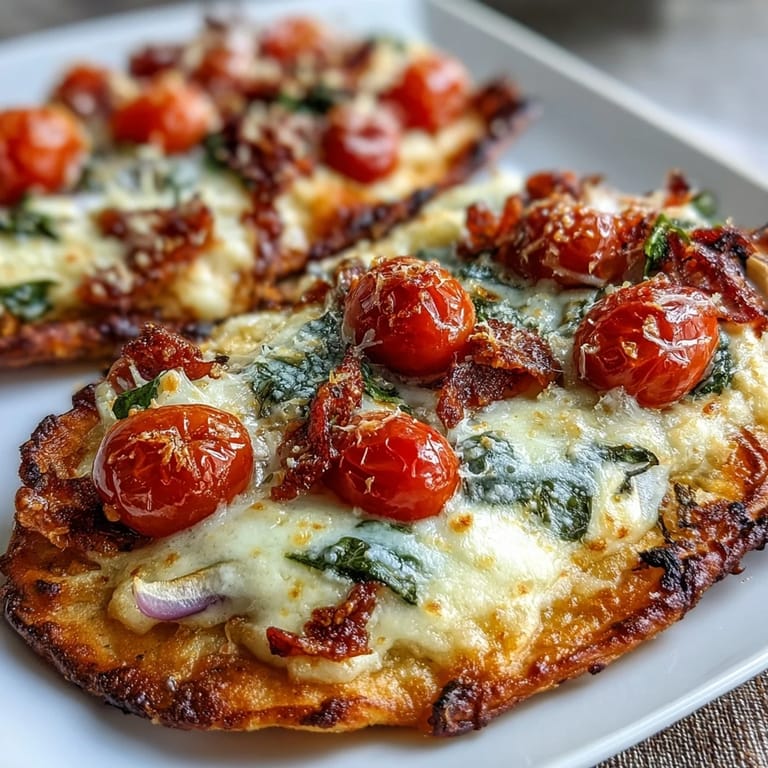 Garlic Parmesan naan pizza loaded with fresh toppings, baked until bubbly and crisp, perfect for easy weeknight meals.