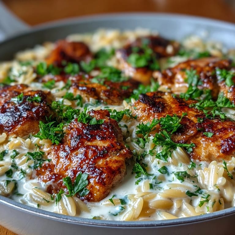 Cozy One-Pot Garlic Parmesan Chicken Orzo featuring golden chicken bites in a creamy skillet meal.