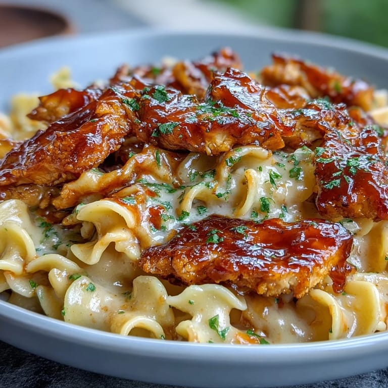 Sizzling honey BBQ glazed chicken mixed with cheesy macaroni for a comforting family dinner.  