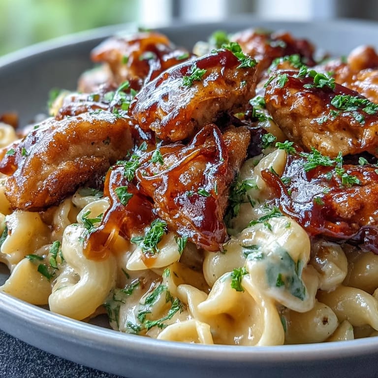 One-pan honey BBQ chicken pasta with smoky cheddar sauce, perfect for quick weeknight meals.