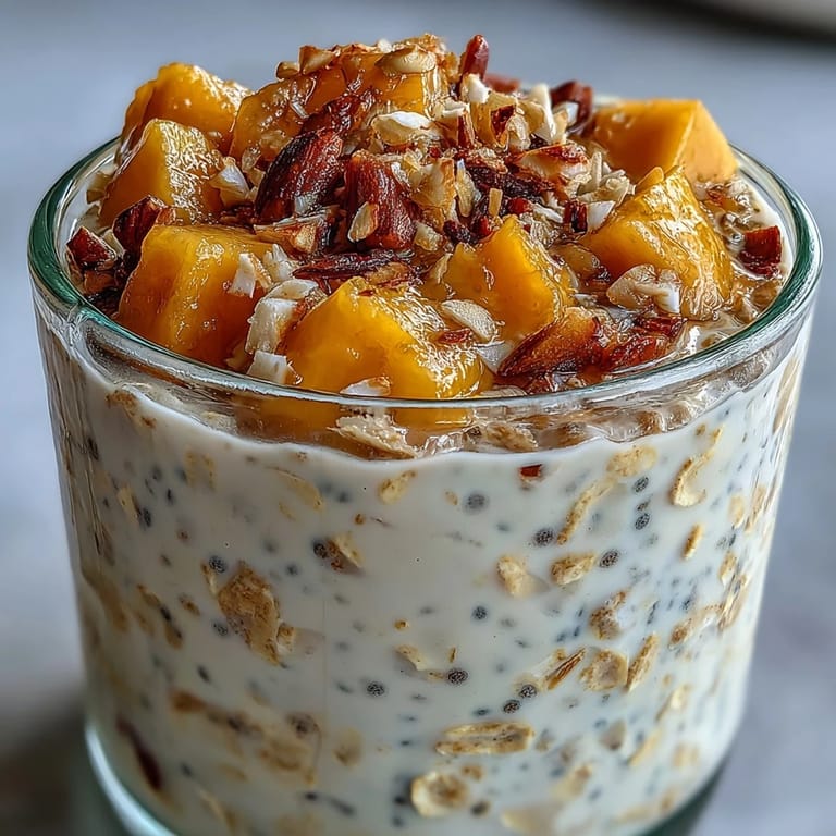 Tropical vegan breakfast jar with chia seeds, diced mango, and golden toasted coconut crunch on top.