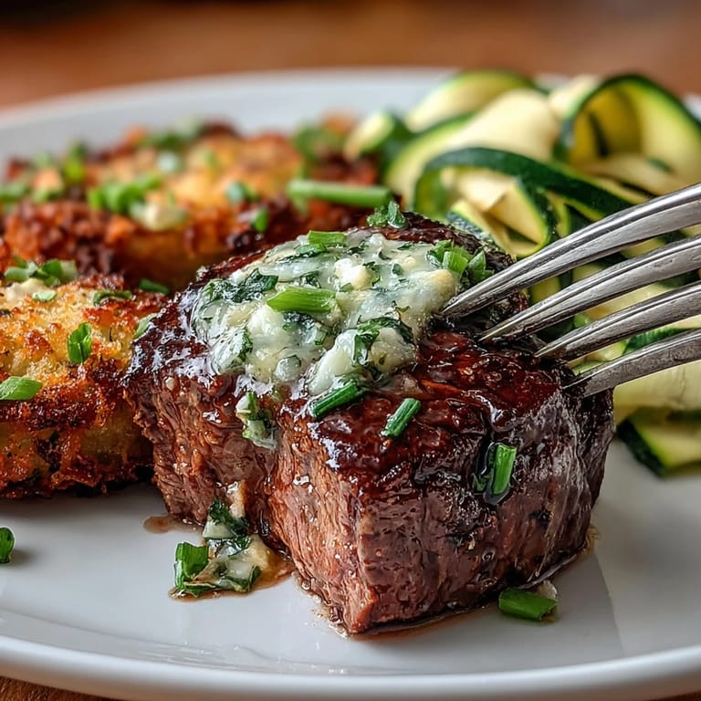 Juicy steak cubes glazed in rich garlic butter, paired with golden baked avocado fries and fresh zucchini ribbons for a satisfying keto meal.