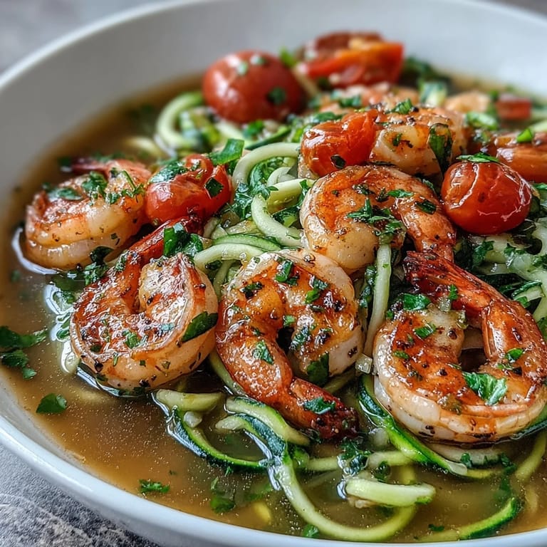 Colorful shrimp and spiralized zucchini noodles served in a fragrant lemon-garlic broth for a light dinner.  