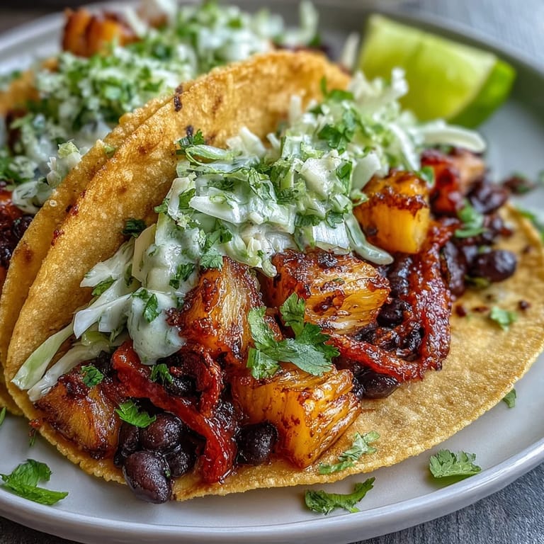 Colorful vegan tacos filled with sweet pineapple, savory black beans, and creamy coconut lime slaw, garnished with jalapeño slices and lime.  