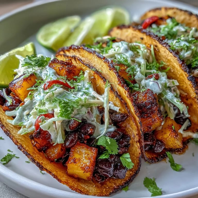 Close-up of Tropic-Like-Its-Hot Pineapple Black Bean Tacos with Coconut Lime Slaw, showcasing vibrant tropical flavors and fresh toppings.