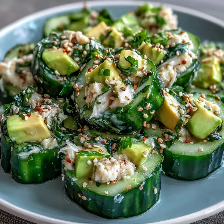 A vibrant no-cook salad featuring crisp cucumber, creamy avocado, and savory crab, tossed in a rich sushi-style dressing.