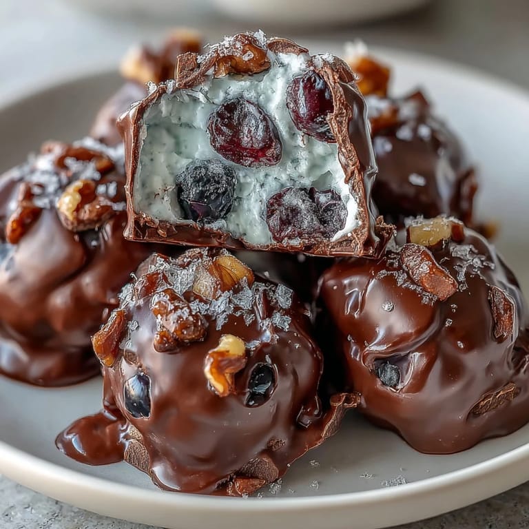 Creamy vanilla Greek yogurt mixed with juicy blueberries and walnuts, then dipped in rich dark chocolate for a satisfying treat.  