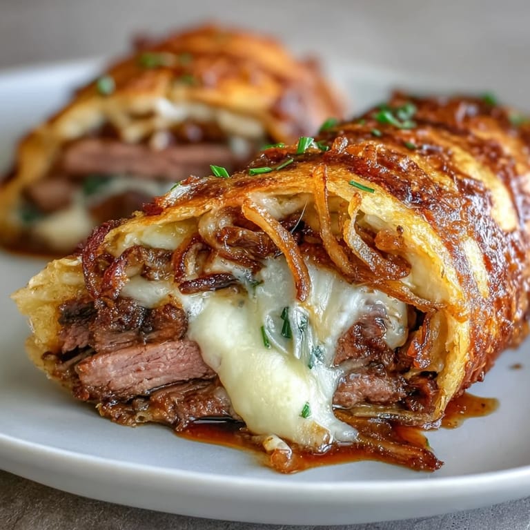 Savory French dip tortilla roll ups with tender beef, gooey cheese, and crispy onions, oven-baked to perfection and paired with rich dipping sauce.  