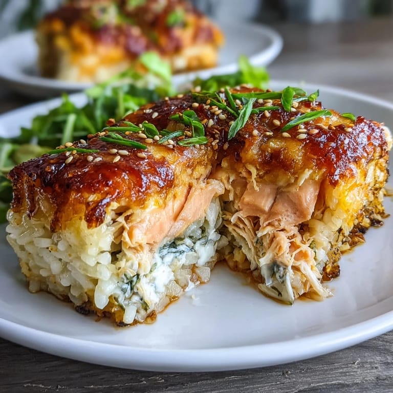 Baked salmon and crab sushi rice dish, perfect for sharing at family dinners or gatherings.