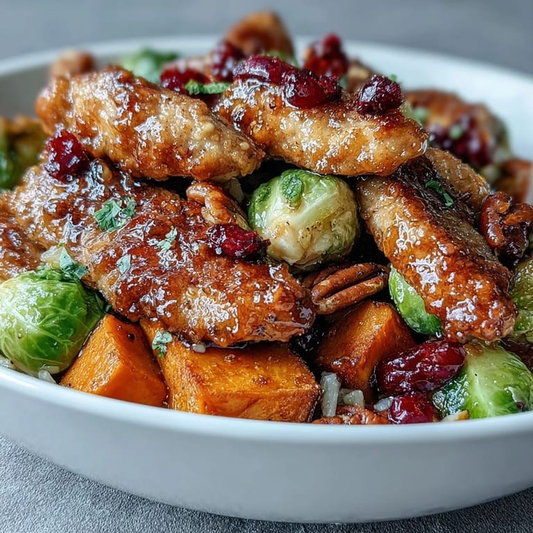 Maple Dijon glazed chicken breast served over wild rice with caramelized sweet potatoes and Brussels sprouts.  