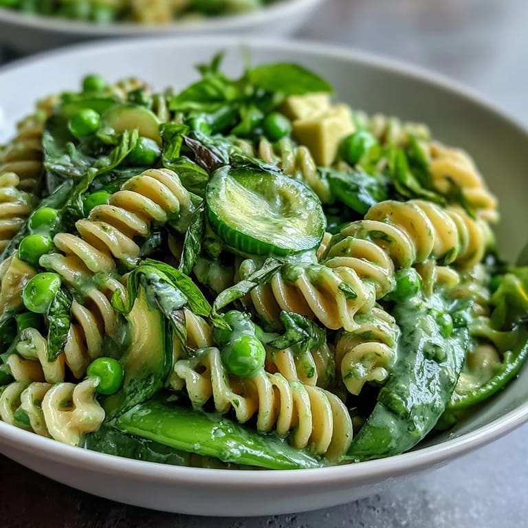A refreshing spring pasta salad featuring peas, cucumber, avocado, and spinach tossed in a vibrant homemade green goddess dressing.