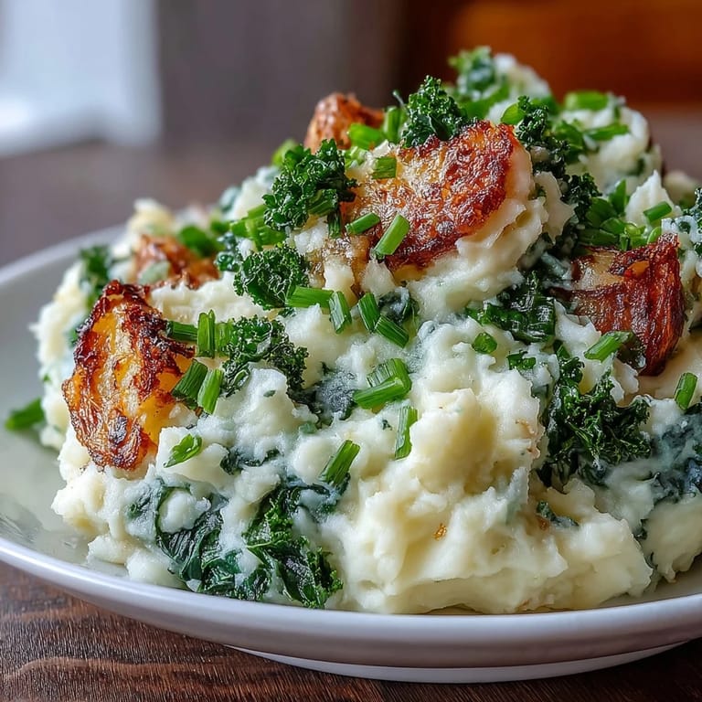 Buttery colcannon mashed potatoes topped with golden, crunchy kale leaves for a delicious blend of textures and Irish-inspired flavors.