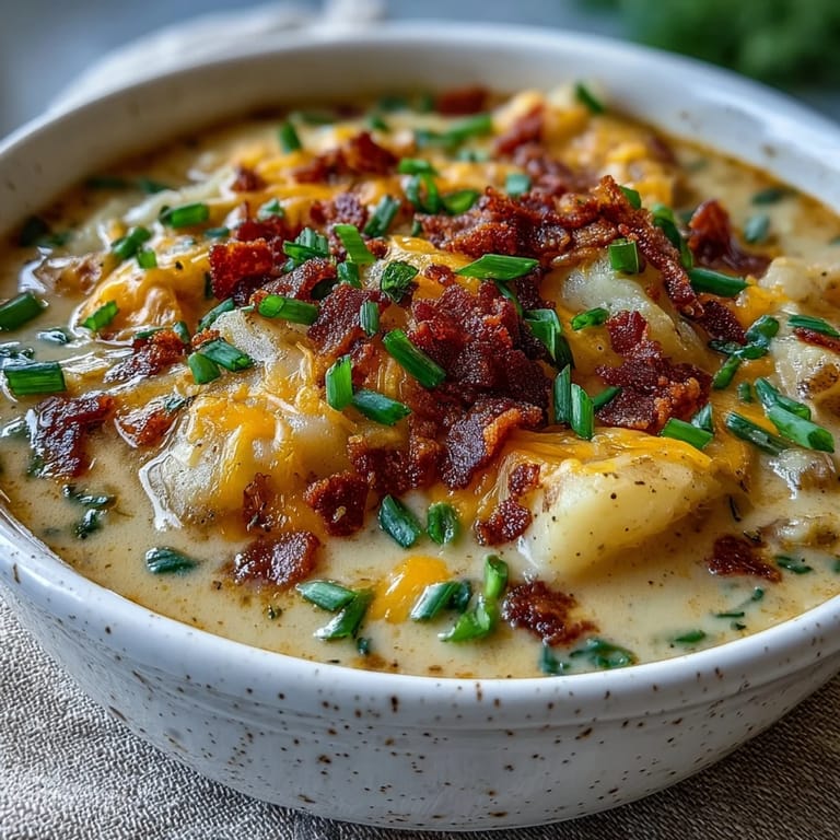 Velvety St. Patricks Day potato soup with chunks of Yukon Gold potatoes and savory bacon bits.