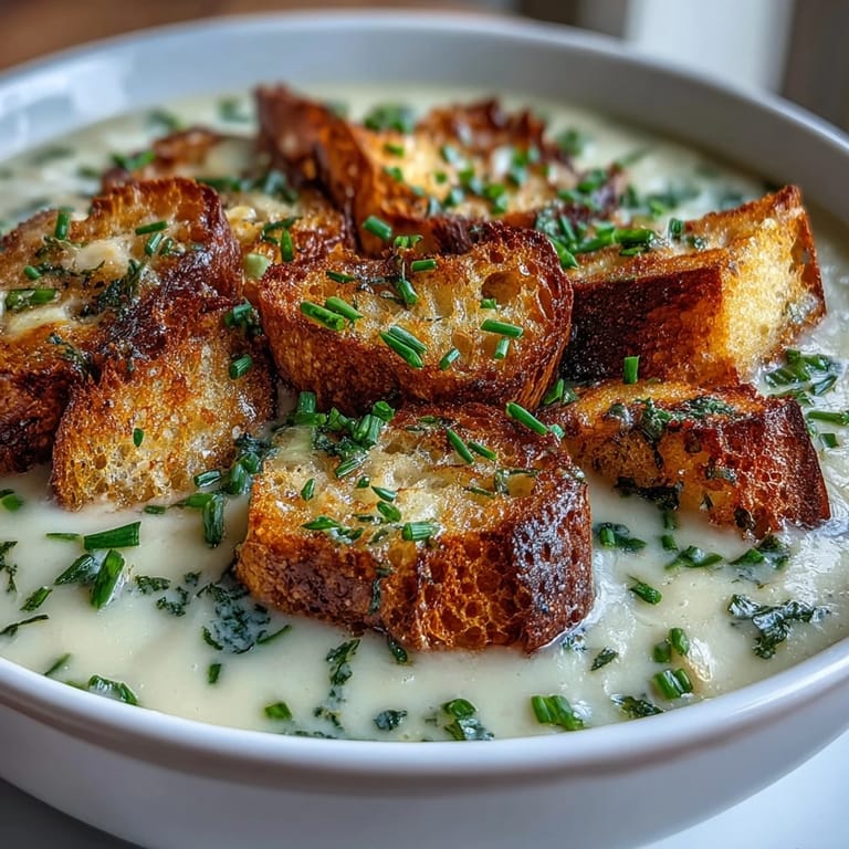 Velvety leek and potato soup topped with crisp sourdough croutons, served alongside a rustic wooden spoon and linen napkin.