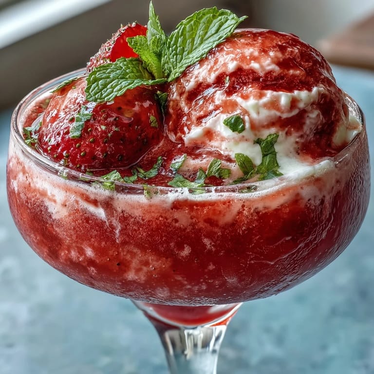 Creamy strawberry daiquiri float featuring ripe strawberries, lime, and sparkling water, topped with fresh mint and served chilled.