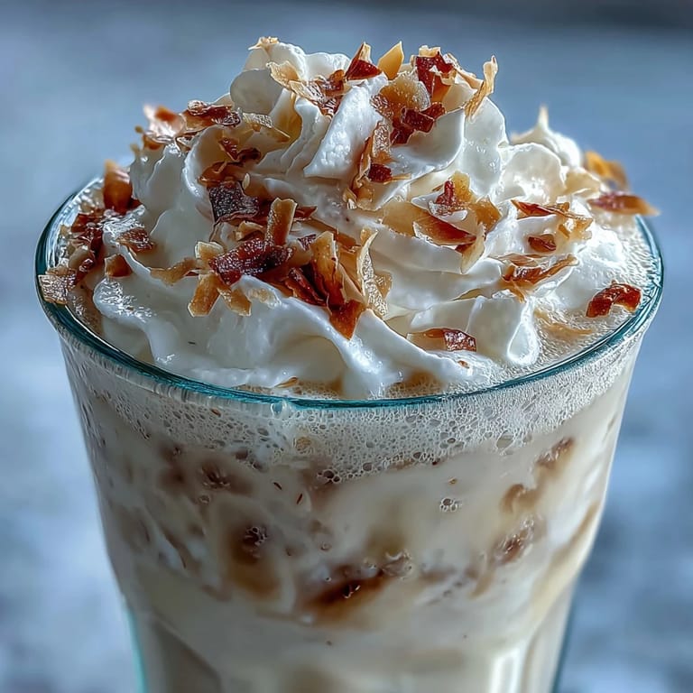 Velvety Vanilla Bean Coconut Frappuccino Mocktail served in a tall glass with a straw, showcasing its smooth texture and rich coconut-vanilla aroma for a perfect non-alcoholic treat.