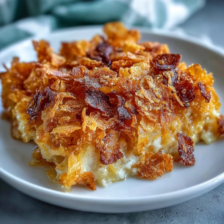 Comforting funeral potatoes baked with cheddar and crowned with golden, buttery cornflake topping.