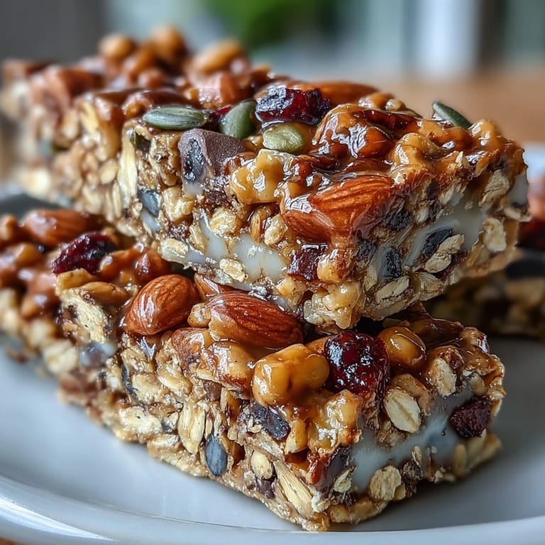 Chewy homemade trail mix bars featuring oats, honey, mixed nuts, and seeds—an easy, nutritious treat for busy days.