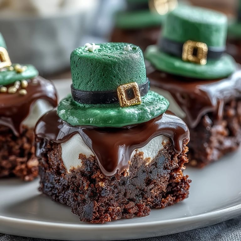 Adorable fudgy brownie bites topped with chocolate-dipped marshmallow hats, decorated with green icing and gold sprinkles for a lucky holiday treat.