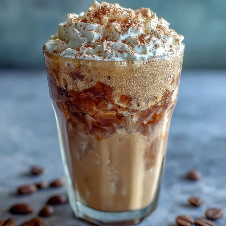 Creamy vanilla protein shake blended with ice, served in a tall glass with a sprinkle of cinnamon on top.