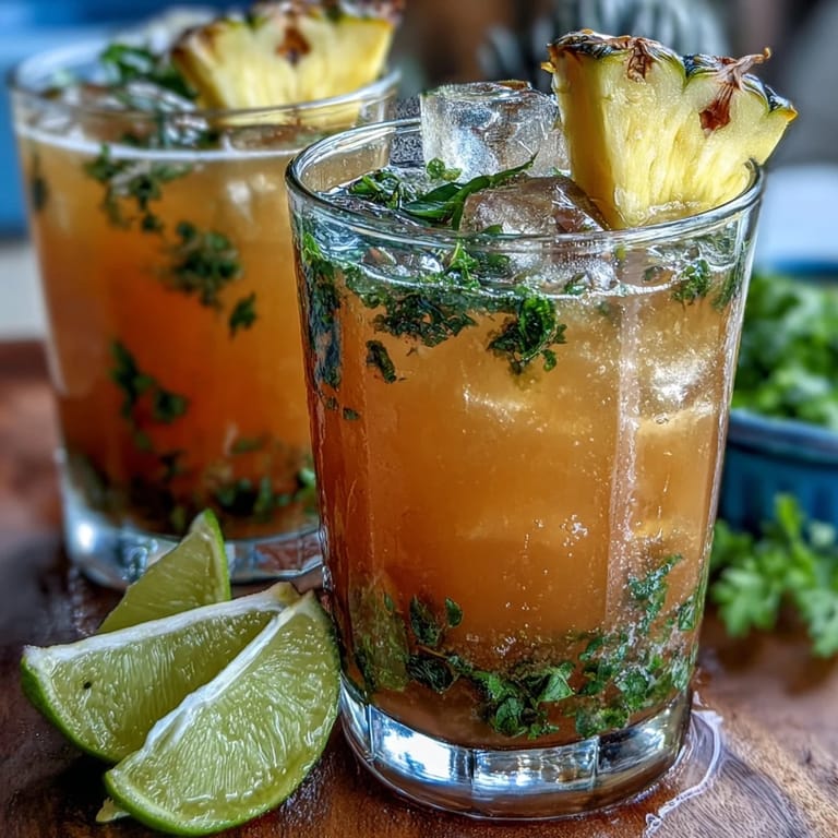 Iced pineapple basil agua fresca in tall glasses with colorful pineapple wedges and lime wheels, perfect for summer parties or relaxing afternoons.