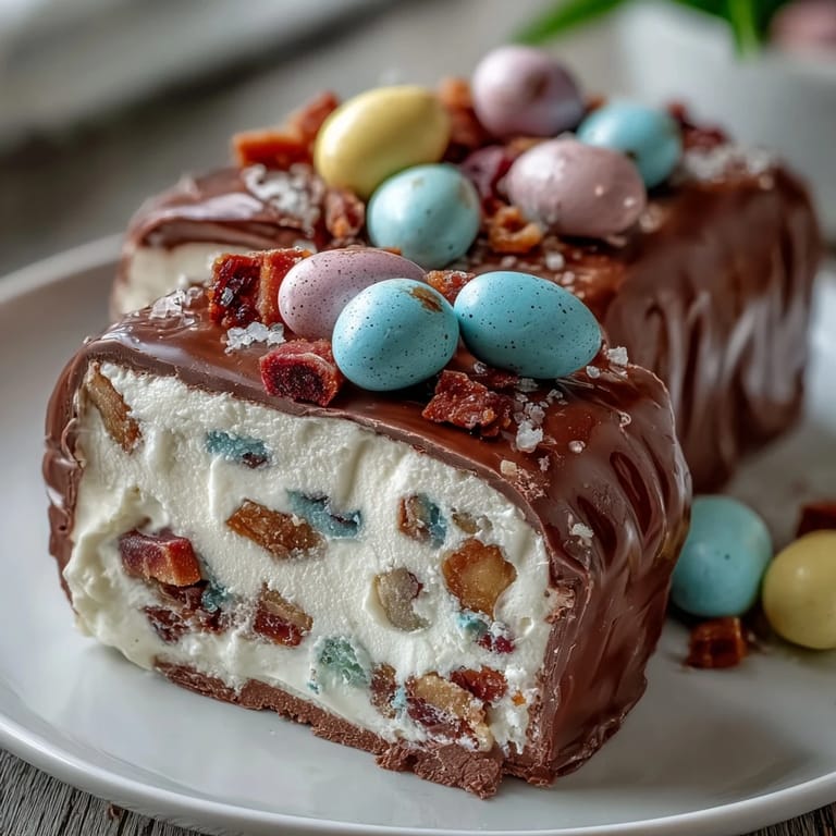Crispy chocolate bark topped with pastel candy swirls, mini Cadbury eggs, and rainbow sprinkles for Easter dessert.