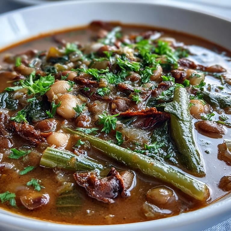Soul Food Black-Eyed Pea and Collard Green Stew with hearty black-eyed peas, vibrant collard greens, and a savory Southern aroma.  