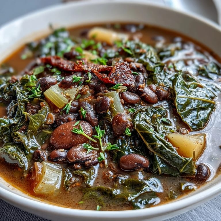 A rustic pot of Soul Food Black-Eyed Pea and Collard Green Stew, perfect for warming up on a chilly day with cornbread.