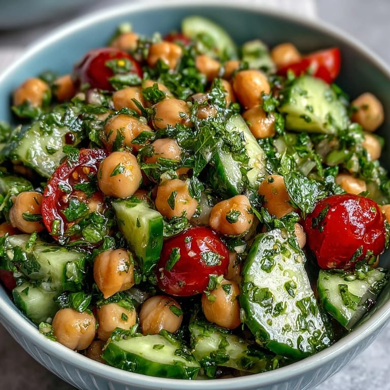 Colorful Mediterranean-inspired Cucumber Chickpea Salad with Lemon Vinaigrette, packed with juicy tomatoes, red onion, and bright herbs for a refreshing, protein-rich dish.