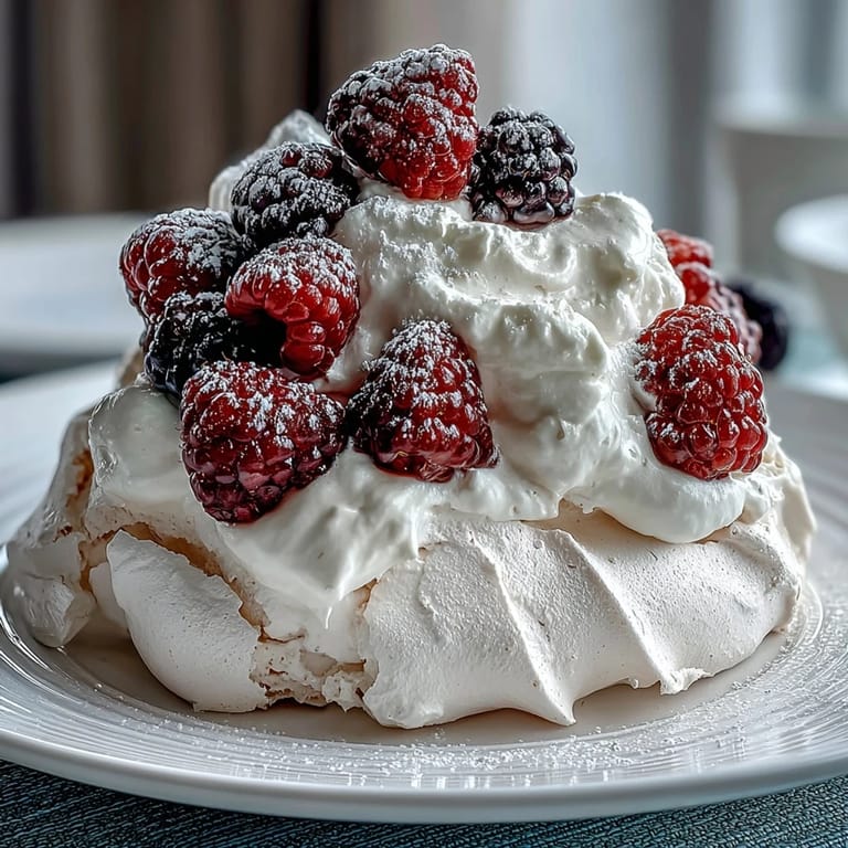 Delicate Mothers Day Pavlova with Mixed Berries, featuring a marshmallow-soft interior beneath a golden crust, crowned with clouds of whipped cream and seasonal fruit.