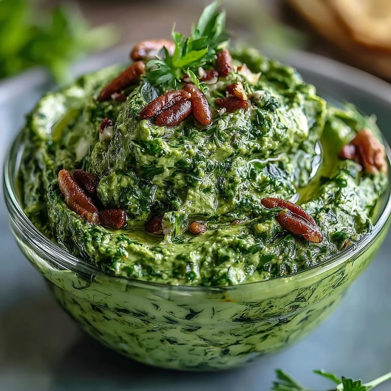 Bright green dandelion pesto with garlic and pine nuts, ideal as a dip or spread.