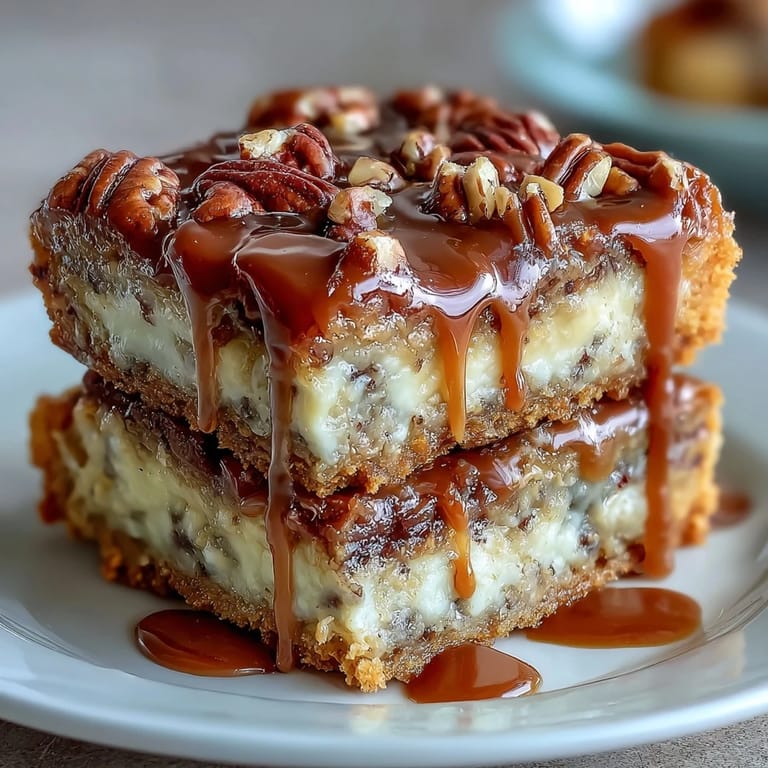 Southern pecan pie bars with bourbon glaze, featuring a buttery shortbread crust and crunchy toasted pecans in a glossy, rich filling.