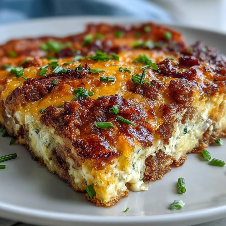 Savory Amish casserole loaded with crispy hash browns, melted cheese, and sausage, perfect for a comforting morning meal.